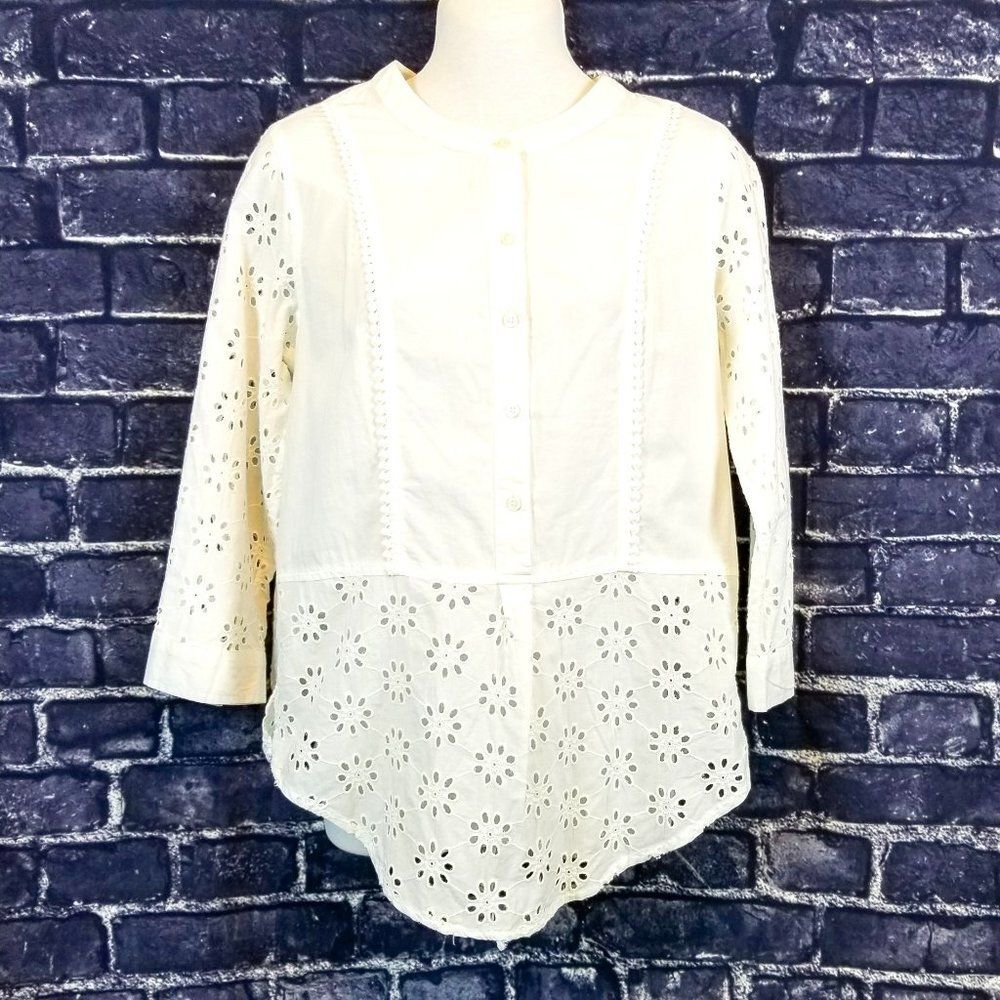 Nine West Jeans White Eyelet Blouse Size Small
